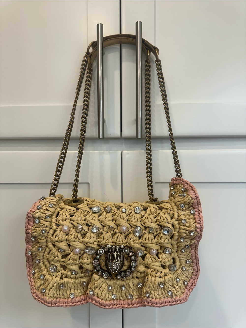 Kurt Geiger Straw Shoulder Bag with Pink Trim and Crystal Details